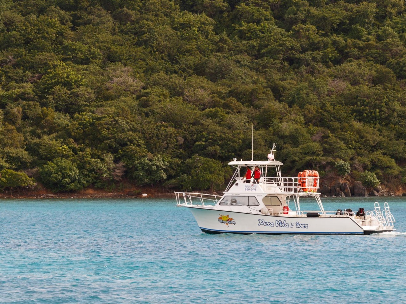 pura vida boat near mountain in water