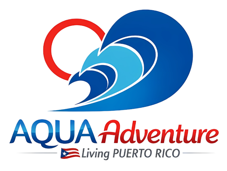 Logo with wave and heart design, text: AQUA Adventure, Living Puerto Rico.