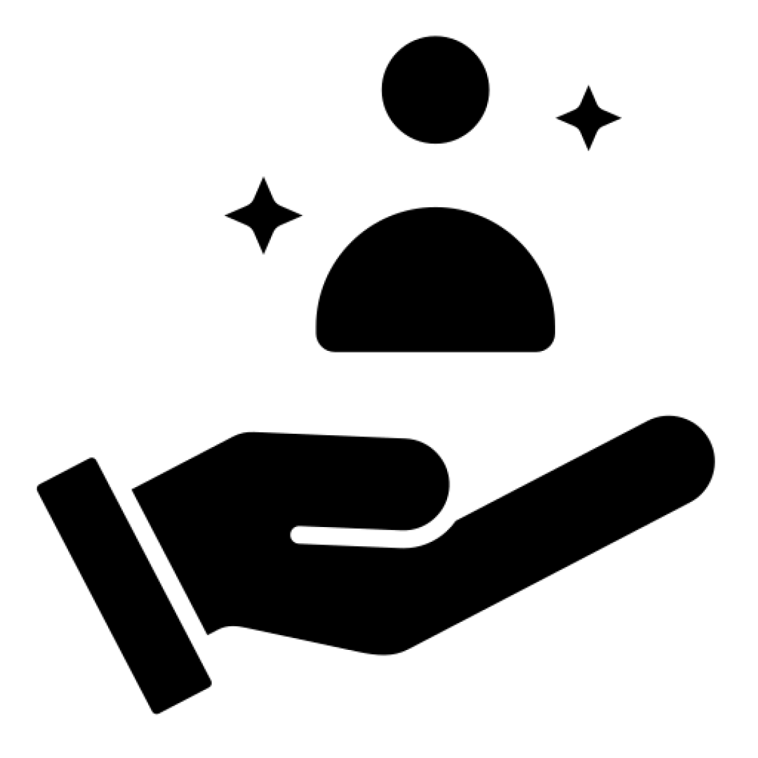 Icon of a hand supporting a person silhouette with stars.